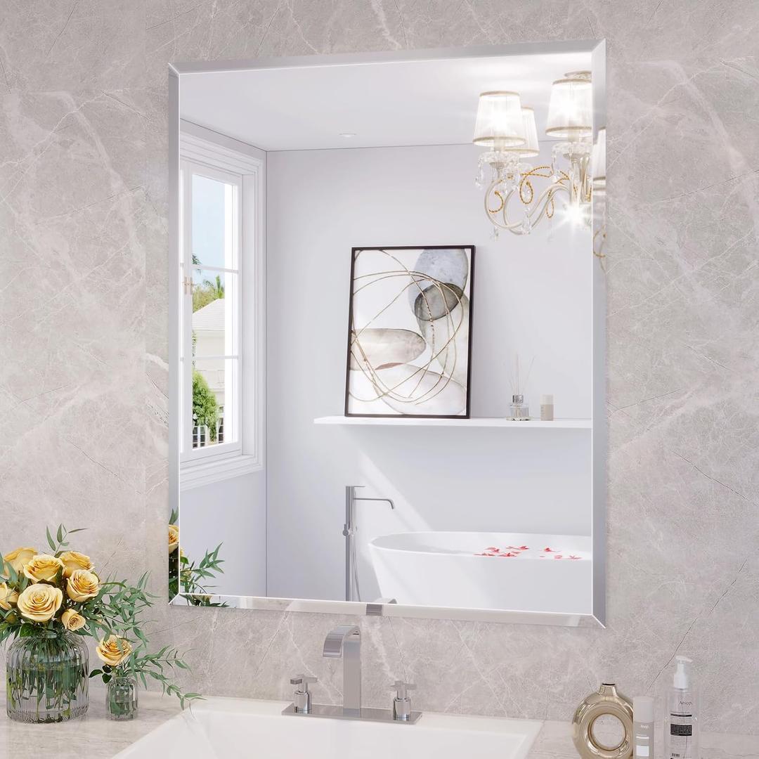 Frameless Bathroom Mirror for Wall, 24"x30" Beveled Bathroom Vanity Mirror, Modern Rectangle Bathroom Mirrors for Bedroom, Entryway, Living Room, Hangs Horizontally or Vertically