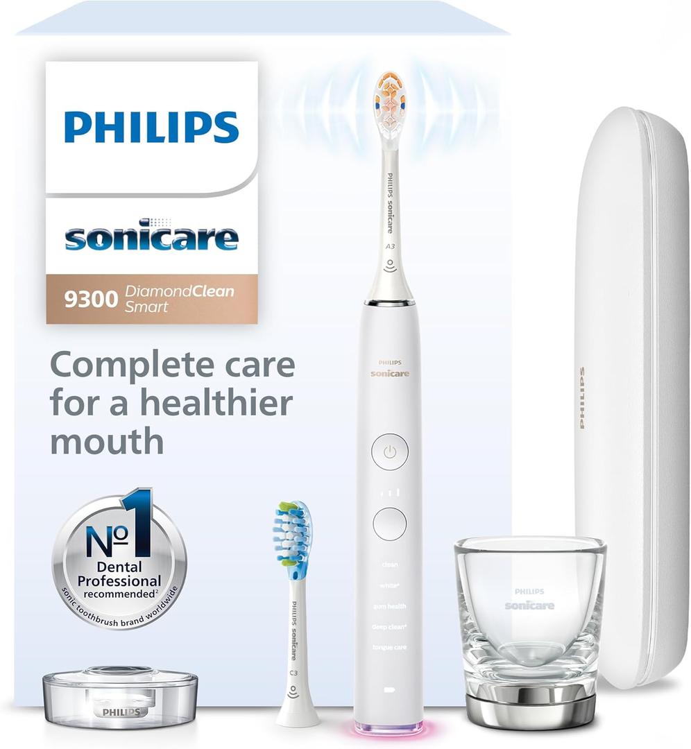 Philips Sonicare DiamondClean Smart 9300 Electric Toothbrush - Sonic Toothbrush with App, Pressure Sensor, 12 Brushing Settings, Replacement Reminder, Travel Case, White, Model HX9903/05