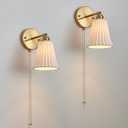 Hardwired Wall Sconces Wall Lighting Set of 2, Modern Ceramic Gold Wall Sconce Light with Pull Chain Switch, Indoor Bedside Wall Lamp Light Fixture for Living Room Bedroom Kitchen Home Office Hallway