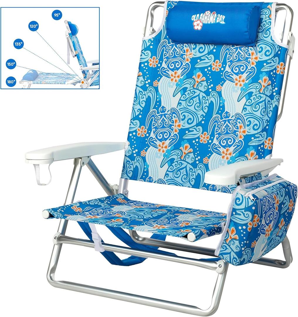 Old Bahama Bay Backpack Beach Chair, Aluminum Lightweight Reclining 5-Position Lounge Chair for Adults Heavy Duty Support 400 LBS Portable Folding with Cooler Bag Camping Chair for Sand Outdoor