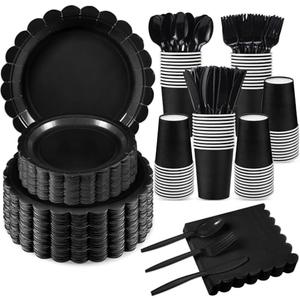 Xiangqu 350 Pcs Black Paper Plates and Napkins, 25 Guest Black Party Supplies Includes Scalloped Party Plates Napkins Cups Plastic Spoons Forks Knives for Birthday, Wedding