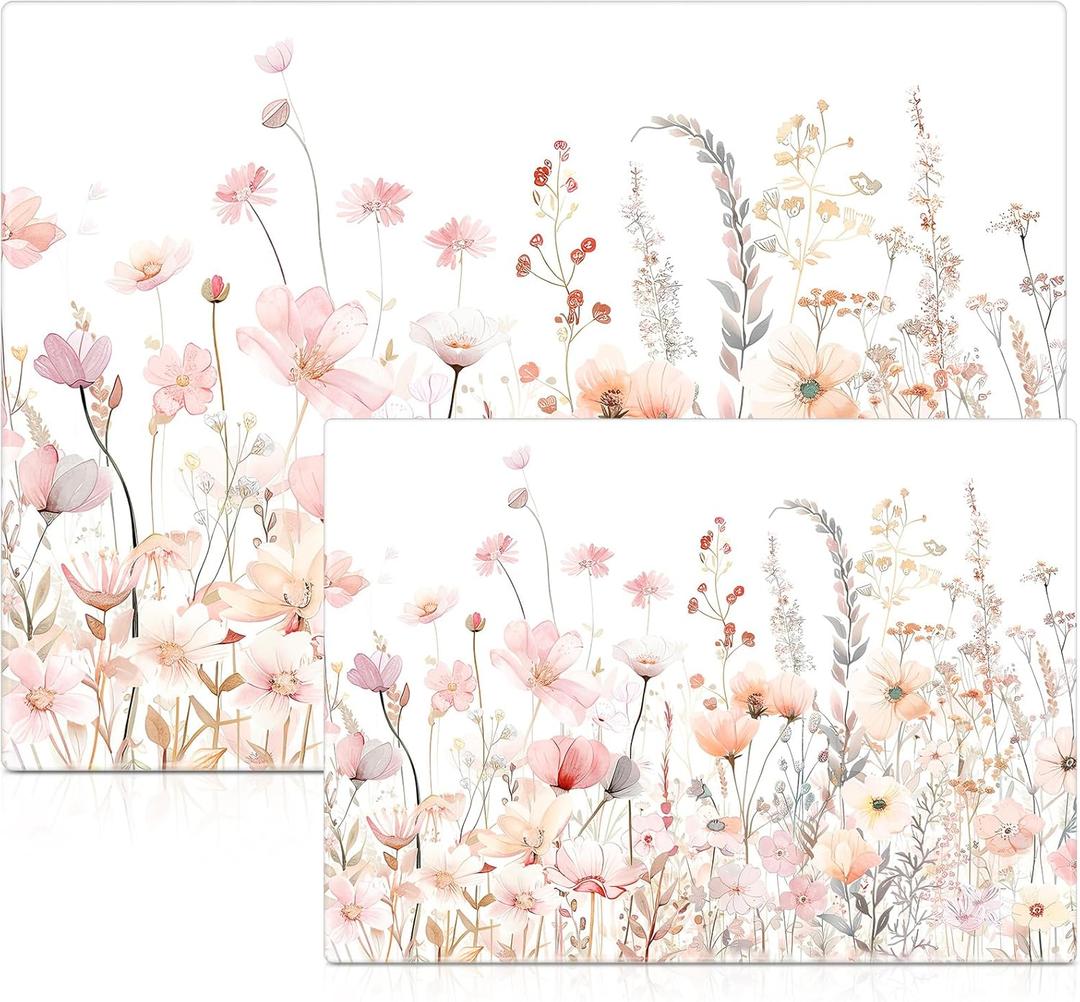 LemonRoad 2 Pcs Pink Floral Tempered Glass Cutting Board Set, 12" x 16" & 8" x 12", Decorative Glass Cutting Boards for Kitchen Counter with Anti-Slip Feet, Dishwasher Safe Countertop Protector
