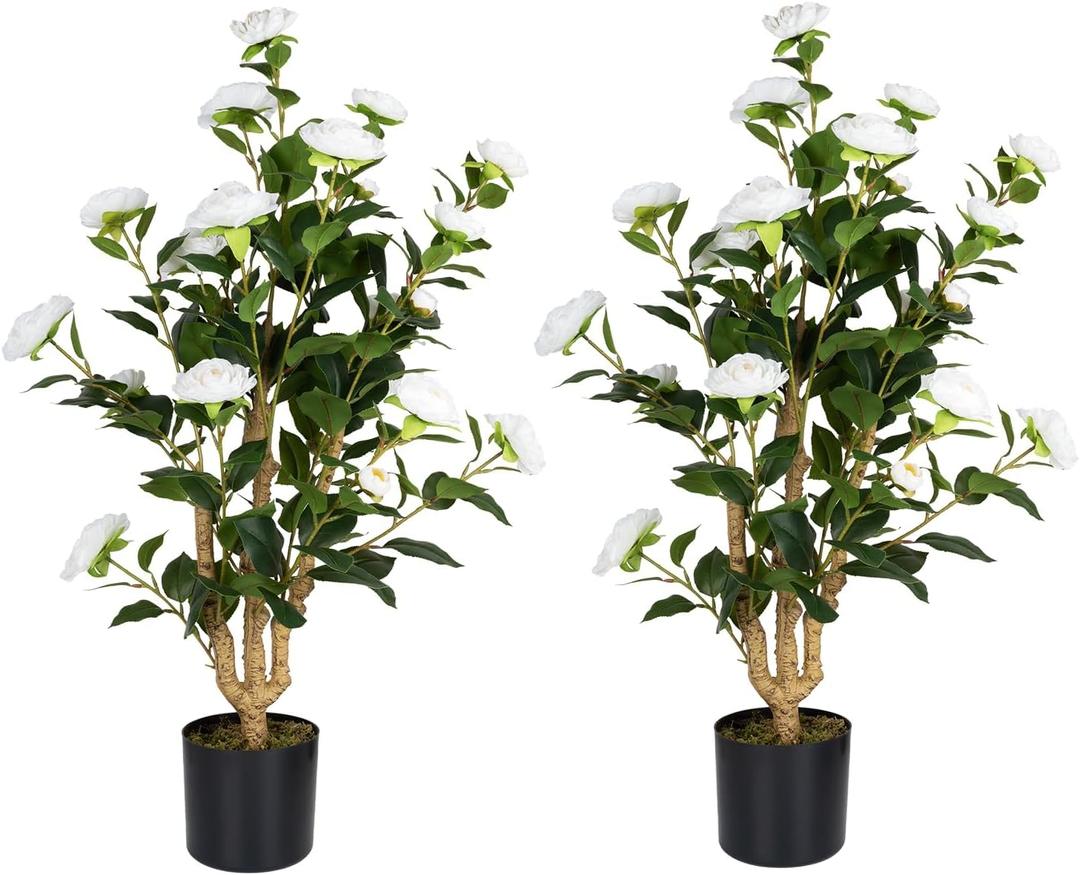 2 Pack 3FT Artificial Camellia Trees in Pots, White Flowers