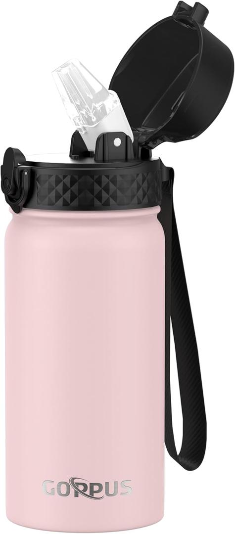 Kids Water Bottle, GOPPUS 14 Oz Stainless Steel Travel Bottle, Double Wall Vacuum Leak Proof Kids Cup for School Boys Girls,Pink