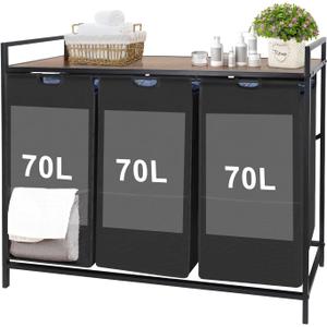 Extra Large Laundry Hamper, Laundry Hamper 3 Section with shelf - 210L Capacity, Laundry Basket for Clothes-1 Storage Shelf, Laundry Sorter for Laundry Room, Bedroom