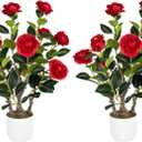 2 Pack Artificial Camellia Tree with White Pot, 24" Faux Potted Plants for Indoor Outdoor Decor, Tall Silk Greenery Plant for Home Office Living Room Balcony, Red