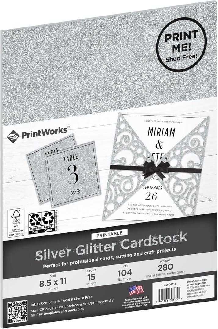 PrintWorks No-Shed Printable Silver Glitter Cardstock 8.5" x 11" - 15 Sheets - 104 lb/280 gsm Silver Glitter Paper - Sparkly Paper for School & Craft Projects - FSC Certified (00515)