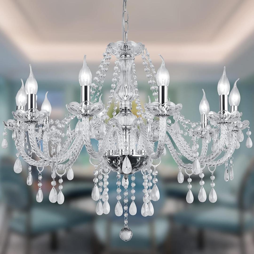 Panghuhu88 Crystal Candle Chandeliers Lighting Modern 10 Lights Pendant Ceiling Fixture Lamp for Dining Living Room Bedroom Hallway Entry Elegant Decoration (10 Bulbs) (Silver)