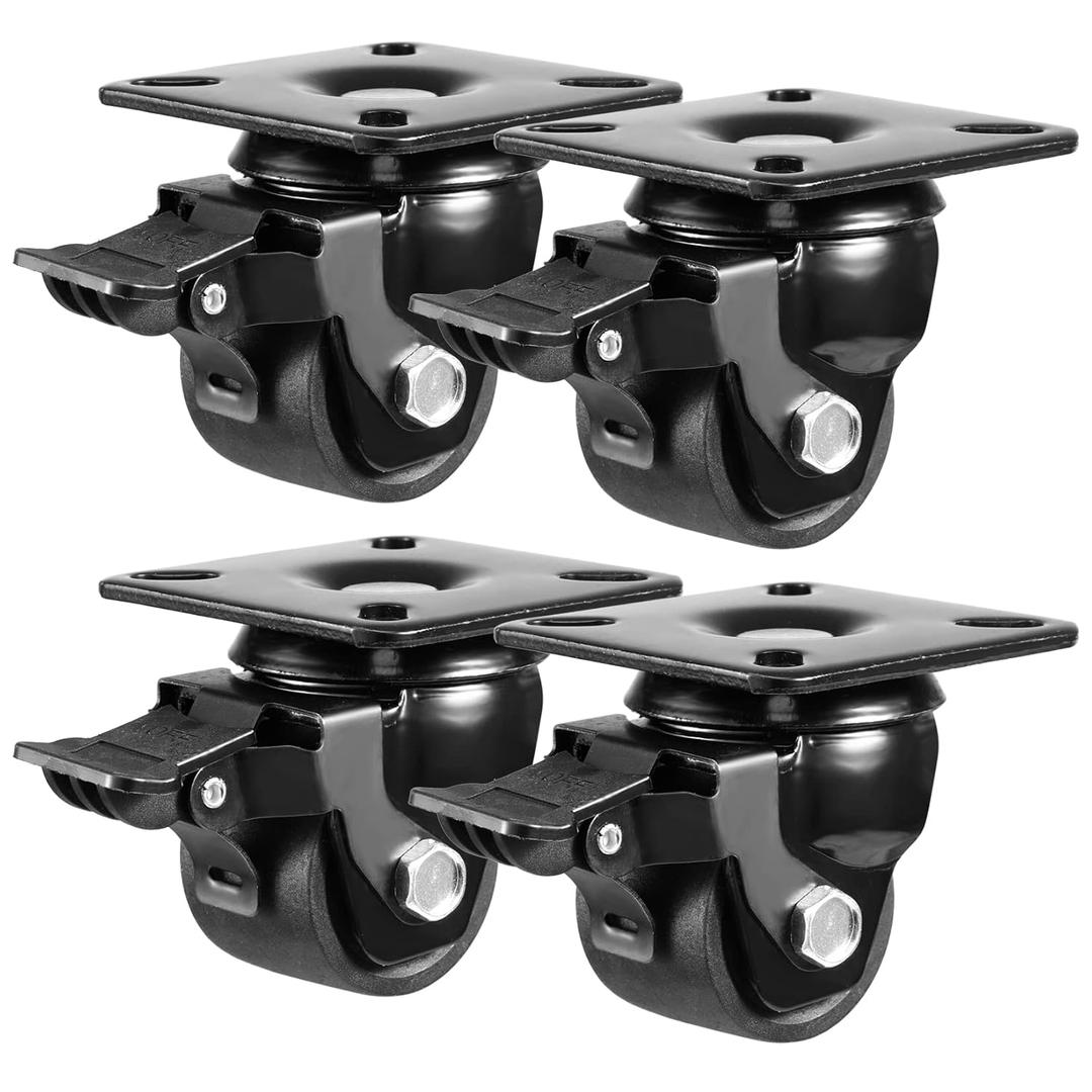 W B D WEIBIDA 2inch Plate Swivel Caster Wheels Set of 4 Heavy Duty, Load Capacity 2200lbs, Low Gravity Center Black Extra Width Caster with Brake, Durable & Quiet & Sturdy Nylon Wheels for Industrial