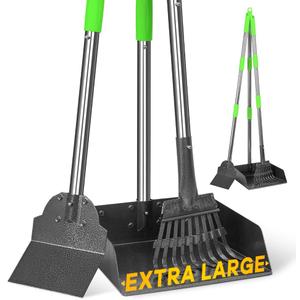TOOGE Larger Pooper Scooper, Dog Pooper Scooper for Large Medium Small Dogs Heavy Duty Long Handle Metal Tray Rake Shovel Set for Yard Grass (1. Rake & Shovel & Large Tray)
