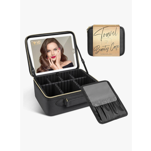 JUSRON Travel Makeup Bag With LED Mirror,Train Case with Light up Mirror, Portable Makeup Artist Organizer Bag with Adjustable Dividers, Makeup Brush Holder Storage(Black, Large)