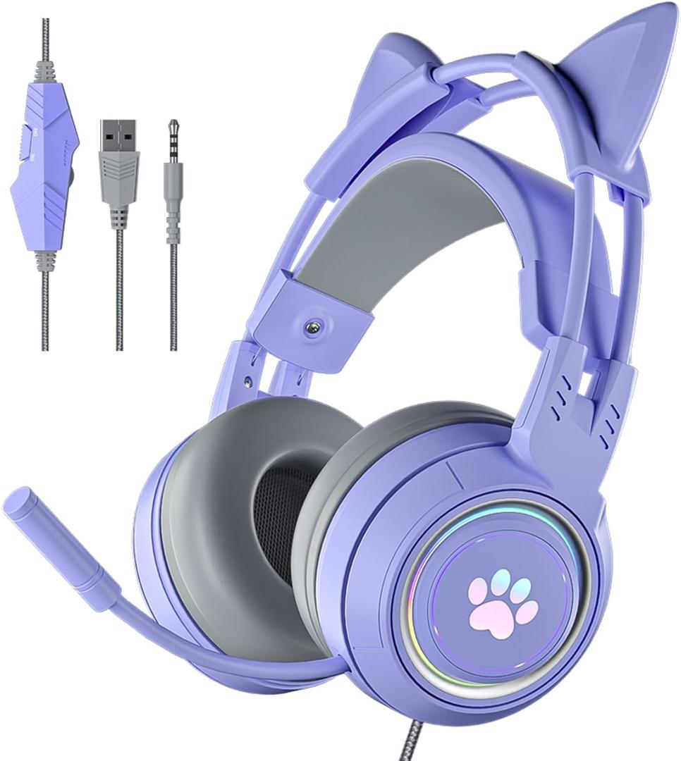Cat Ear Headphones Purple Gaming Headset with Mic for Switch Xbox One PS4 PS5, Cute Girl Kids Wired Headphones Light up Kawaii Kitty Noise Cancelling Headphones for Gamer PC Laptop