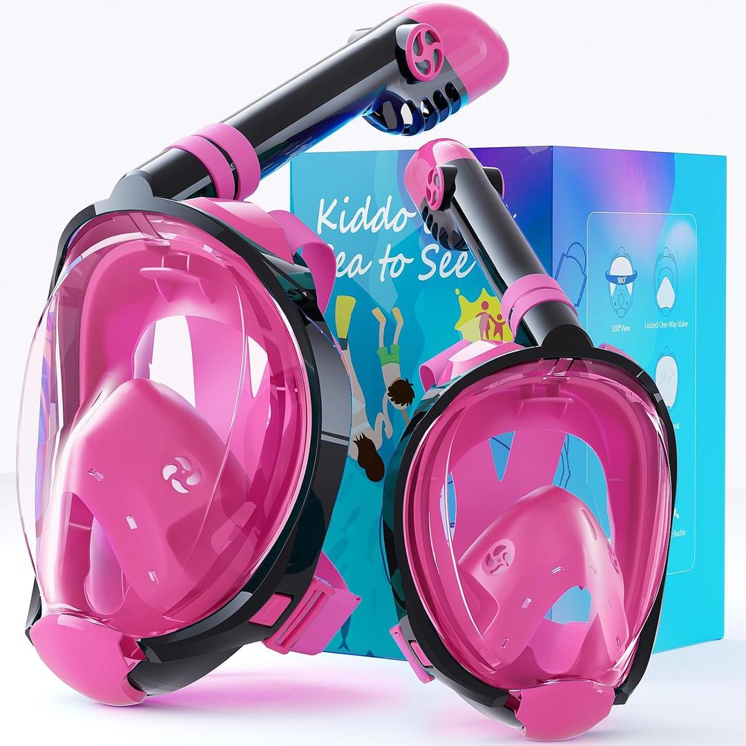 Greatever G2 Full Face Snorkel Mask 2 Pack Adults Kids | 180° Panoramic View, Dry Top System, Anti-Fog Anti-Leak, Foldable Design, Camera Mount Included, Pink, XL/L+XS