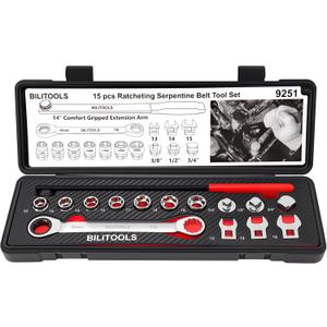 BILITOOLS 15-Piece Universal Serpentine Belt Tool Set,Belt Tensioner Tool Kit with Ratcheting Wrench, Crowfoot Wrenches, Socket Adapters.19 mm and 7/8'' ratchet drive.