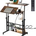 Hadulcet Mobile Standing Desk with Charging Station, Stand Up Laptop Desk Mobile Workstation for Home Office Classroom with Wheels, 31.49 x 23.6 in Rustic Brown
