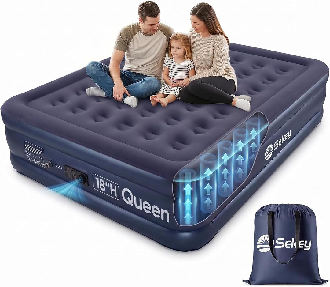 Sekey Queen Air Mattress with Built-in Pump, 18" Raised Blow Up Bed | Inflatable Mattress with Anti-Deflation Technology, 3-Minute Inflation, Soft Waterproof Flocked Top, Home & Moving, 660 lb