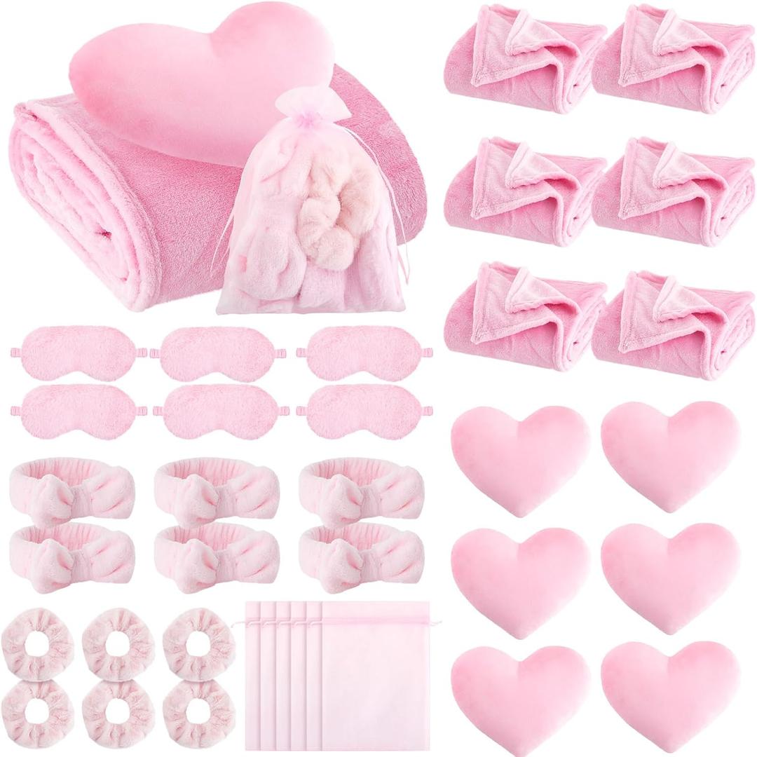 36 Pcs Sleepover Party Supplies 6 Throw Blanket 6 Spa Headband 6 Heart Pillows 6 Scrunchies 6 Sleep Eye Mask 6 Organza Bag for Spa Slumber Party Favors Supplies (Pink)