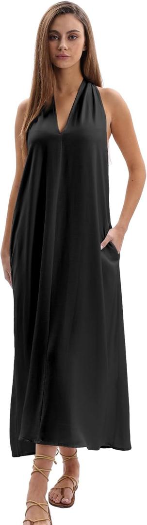 Amazhiyu Women's Linen Halter Sleeveless Casual Summer Maxi Dresses with Pockets (Large, Black)
