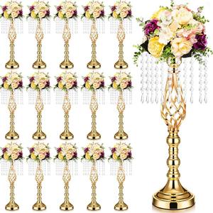 Gold Wedding Centerpieces for Table Crystal Flower Stand 19.3 Inch Gold Table Vase with Chandelier, Metal Flower Holders for Wedding, Bridal Shower Party, Dinner Tabletop Decoration, 10 Pcs