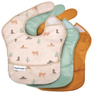 Tiny Twinkle Mess Proof Baby Bibs for Eating  Waterproof, Wipeable Toddler Bibs with Pocket  Baby Food Bibs for Girls & Boys(3 Pack,Cowboy)