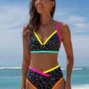 popvil High Waisted Bikini Sets for Women Neon Two Piece Swimsuit Sexy High Cut 2026 Bathing Suit (Black, L)