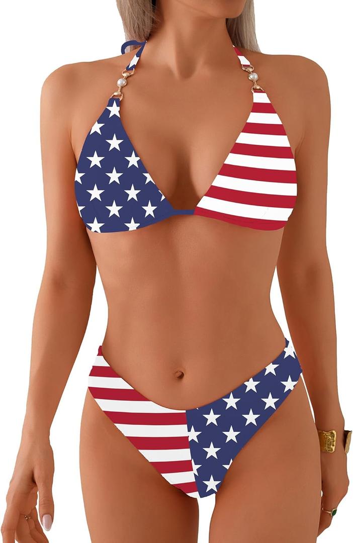 swimall Women's Triangle Bikini Set Cheeky High Cut Sexy Two Piece Swimsuit Cute Halter Bathing Suit (American Flag, Small)
