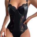 Lilosy Sexy Leather Underwire Push Up Floral Lace Sheer Corset Lingerie Women Teddy Bodysuit Bustier Top One Piece (Black), XL 