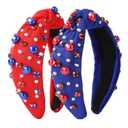 2 Pack Patriotic Headbands for Women  Red & Blue Knot Wide Hair Bands with Pearls & Rhinestones, Festival Sparkle Padded Headwrap for 4th of July, Parties & Prezzie