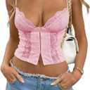 WDIRARA Women's Lace Low Cut Cami Crop Top Sexy Y2k V Neck Going Out Camisole Tops (Large, Pink)