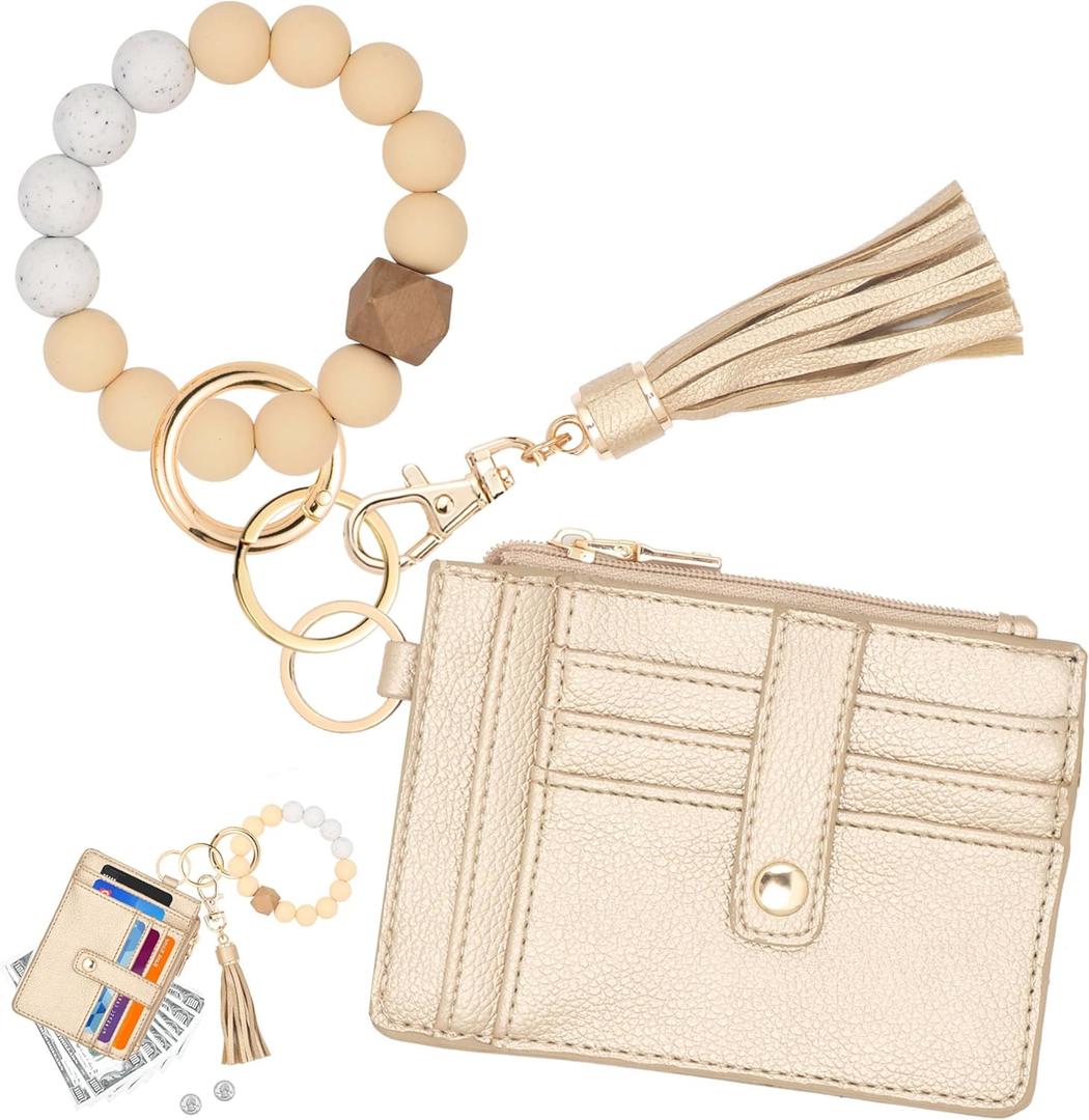 KNGITRYI Wallet Keychain Wristlet for Women,Slim RFID Credit Card Holder Purse Tassel Keychain Bangle Key Ring for Men Women (Gold)