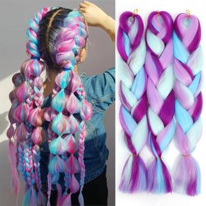 Colorful Braiding Hair Extensions,24 Inch 3 Packs Synthetic High Temperature Rainbow Jumbo Braids Hair 4 Tone Crochet Colored Hair Extension for Braiding(Purple/Light Purple/Blue/Light Cyan)