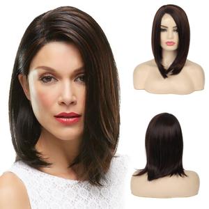 Short Brown Wig for Women Side Part Straight Small Lace Synthetic Hair Brown Highlight Cosplay Costume Wigs -Shoulder Length