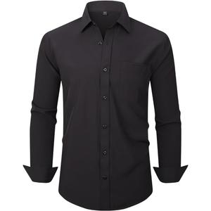 corfty Men Long Sleeve Dress Shirt - Regular Fit Stretch Free-Wrinkle Casual Button Down Shirt (Large, Black)