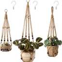 Mkono 3 Pack Macrame Plant Hangers Indoor Different Size Hanging Planter Basket Flower Pot Holder with Beads No Tassels 35"/29"/23", Medium, Brown