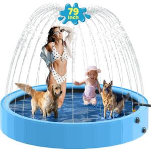 Raxurt Dog Pool with Sprinkler, 79'' Foldable Dog Pools for Large Dogs, 2-in-1 Sprinkler Pool Heavy Duty, PVC Non Slip Pet Bathing Tub for Outdoor Backyard, Blue