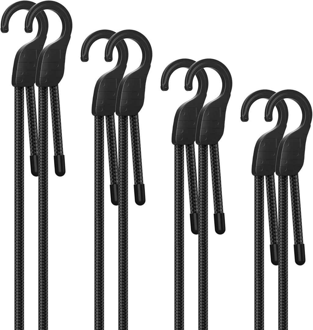 18" 36" 60" 80" Adjustable Bungee Cords with Hooks, Heavy Duty Outdoor 8 Pack Black, Length-Adjustable Design, UV-Resistant Elastic Straps for Cargo, Camping, Tents, Bikes, Luggage, etc