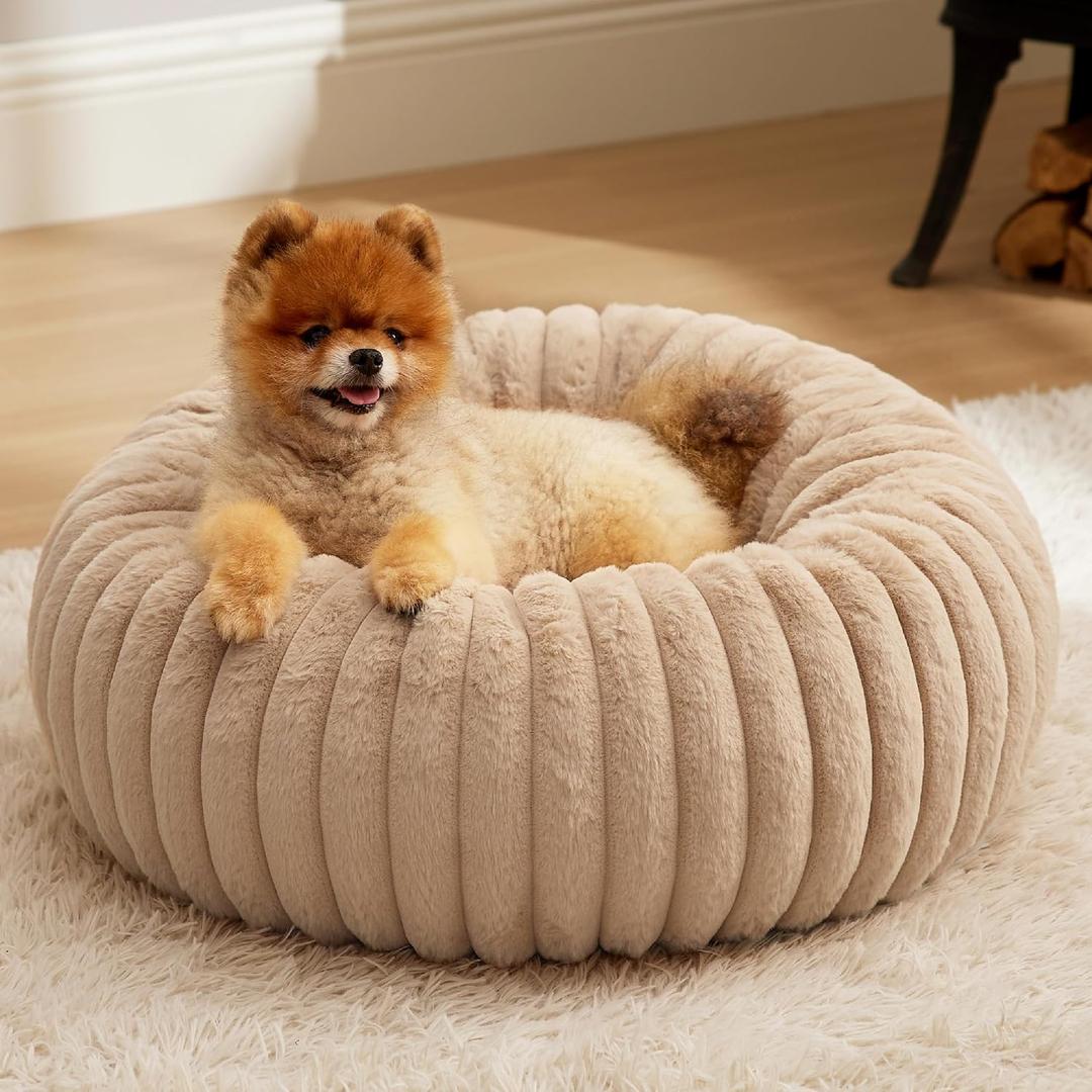 Bedsure ComfyFleece Donut Small Dog Bed - Dog Beds for Small Dogs with Corduroy Fleece & Anti Slip Bottom, Round Faux Fur Pet Beds with Washable Removable Cover, Sandy Beige, 23x23x7 inches