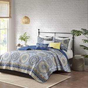 Madison Park Tangiers Quilt Modern Classic Design All Season, Breathable Coverlet Lightweight Bedding Set, Matching Shams, Decorative Pillow, Full/Queen, Circle Blue 6 Piece 