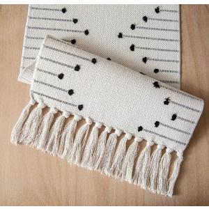 Table Runner 108 Inches Long, Boho Style with Handmade Tassels, 70% Cotton & 30% Linen, Modern Farmhouse Home Decor for Living Room (Beige Black, 12x108 Inch)