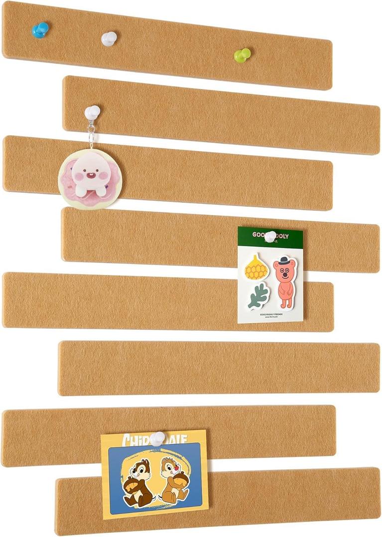 Cork Board for Walls - 8 Pack Felt Pin Board Bar Strips - Self-Adhesive Lightweight Bulletin Board - Cork Board for Office with 40 Push Pins No Damage for Wall (Camel) (15"x2" (38x5 cm))