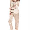 SWOMOG Womens Silk Satin Pajamas Long Sleeve Loungewear Two-piece Sleepwear Button-Down Pj Set Champagne, XL