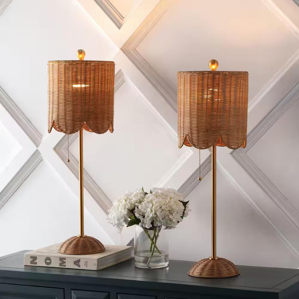 JONATHAN Y JYL1138B-SET2 Celerie 27.5" Coastal Bohemian Rattan/Iron Scalloped Buffet LED Table Lamp with Pull Chain Bedroom, Living Room, Office, Dining Room, Brown/Brass Gold (Set of 2)