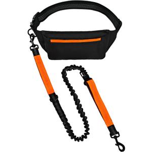 Amazon Basics Hands Free Dog Leash with Running Bag, Adjustable Waist Belt, Dual Padded Handles, Reflective Bungee Leash for Walking, Jogging, Hiking, Fits Small to Large Dogs (Up to 150 lbs)