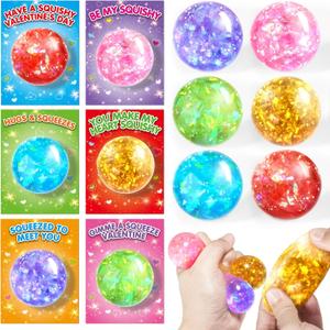 SpringFlower Valentines' Day Cards For Kids, 24 Pack Valentines Party Favors For Kids With Stretchy Balls Toys, Classroom Valentines Exchange Gifts, School Classroom Valentine's Prizes