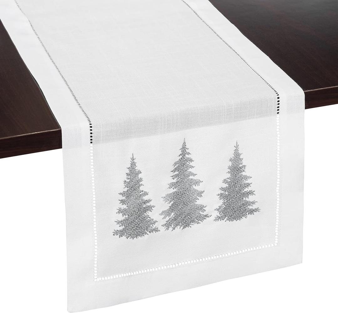 White Christmas Table Runner, Silver Woodland Pine Trees Embroidery - Ideal for Elegant Christmas Decor, Winter Wonderland Decorations and Rustic Farmhouse Kitchens (14 x 108 Inches Long)
