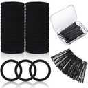 60 Black Seamless Hair Ties and 60 Black Bobby Pins with Box for Thick, Heavy, and Curly Hair - No Metal Ponytail Holders for Girls and Women
