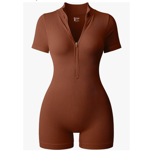 OQQ Women Rompers Ribbed Short Sleeve Zip Front Stretch Tummy Control Yoga Workout Rompers, Size Large