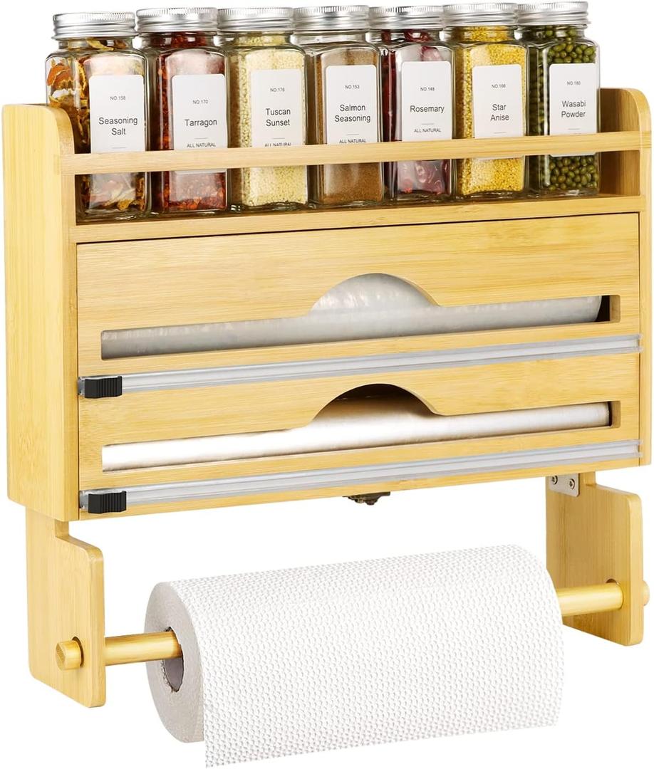 Foil and Plastic Wrap Organizer, Bamboo Aluminum Foil Dispenser with Paper Towel Holder, Compatible with Foil, Wax Paper, Kitchen Paper Towel and Spice Jars