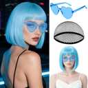 MEEZY Light Blue Short Bob Wigs Straight Hair with Flat Bangs Heart Sunglasses for Women, Colorful Funny Cosplay Party Neon Wig Synthetic Natural As Real Carnival Halloween Costume Party Favors