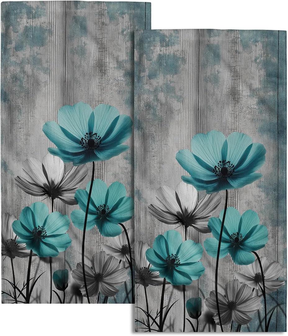 Teal Gray Floral Decorative Hand Towels for Bathroom Rustic Flower Wood Barn Vintage Kitchen Towels Set of 2 Turquoise Daisy Soft Absorbent Fingertip Dish Tea Towel for Home Yoga Gym Hotel (one size)